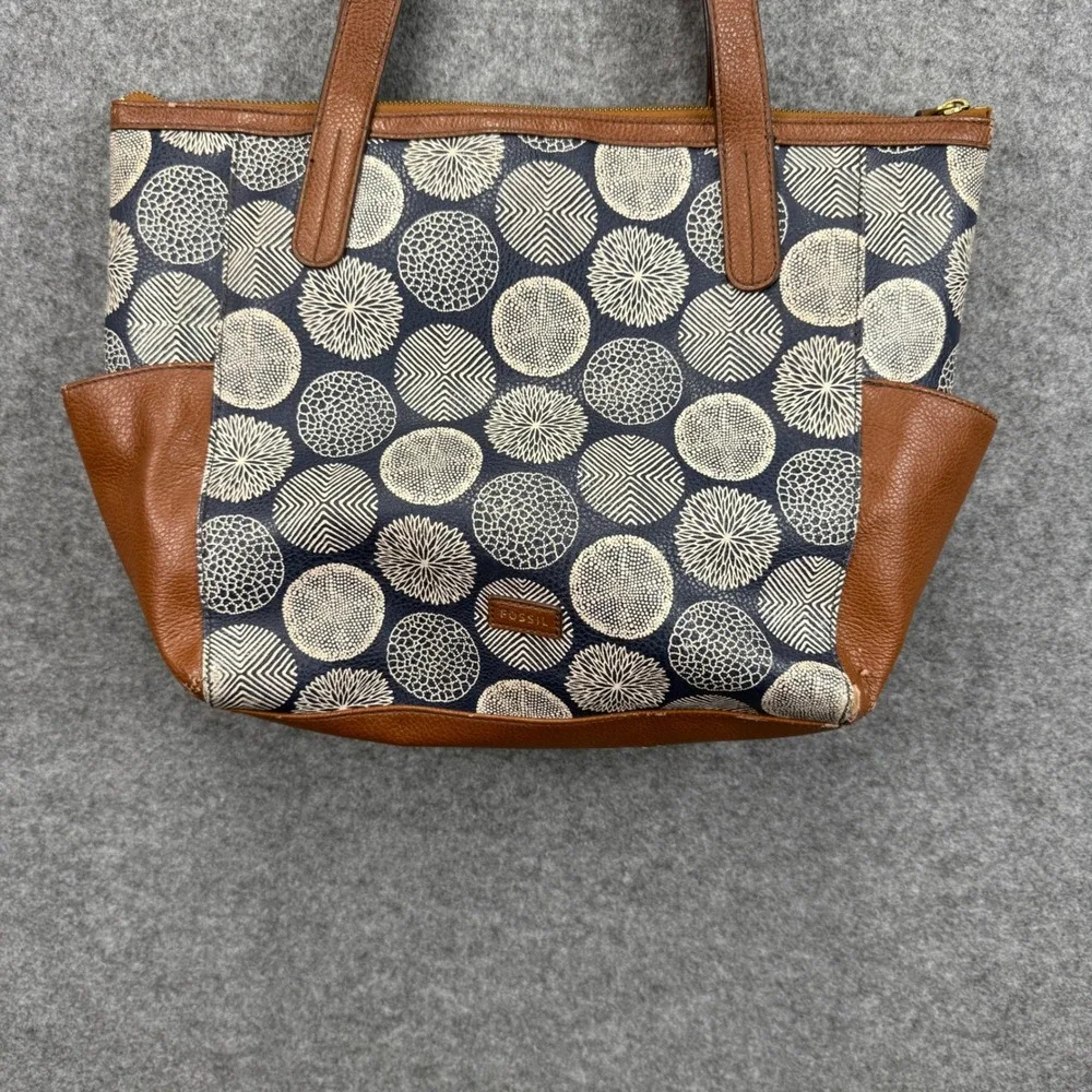Fossil Navy Cream Geometric Circle Print Tote Bag Brown Leather Trim‎ Large
